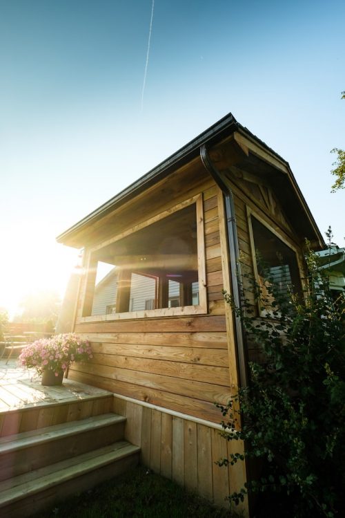 Custom pool house in sunset