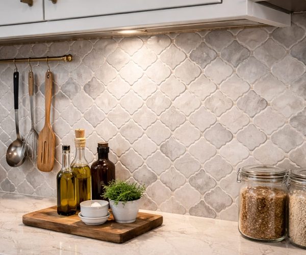 Various kitchen backsplash designs displayed on a wall